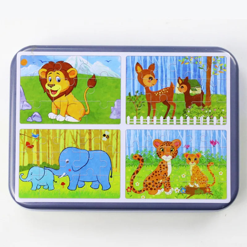 Kindergarten Children Wooden Puzzle 9/12/15/20 Pcs 4 in 1 Cartoon Animal Jigsaw with Iron Box Kids Educational Toy