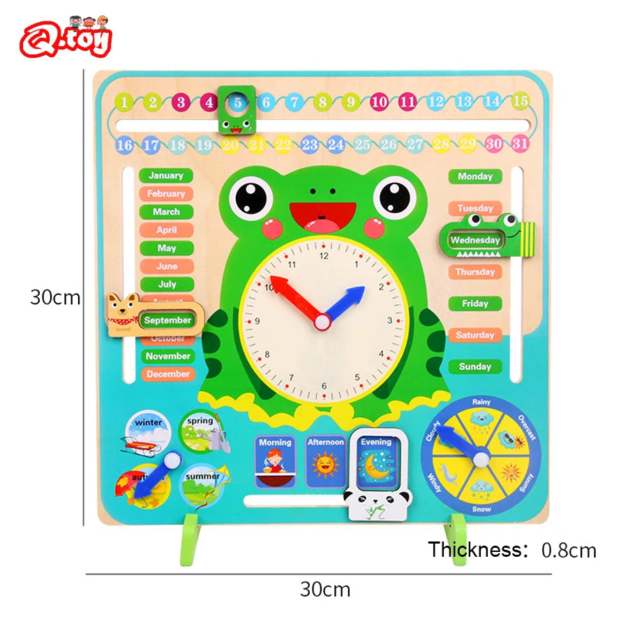 Montessori Wooden Frog Clock Toys For Kids Weather Season Calendar Clock Time Cognition Educational Toy for Children Preschool