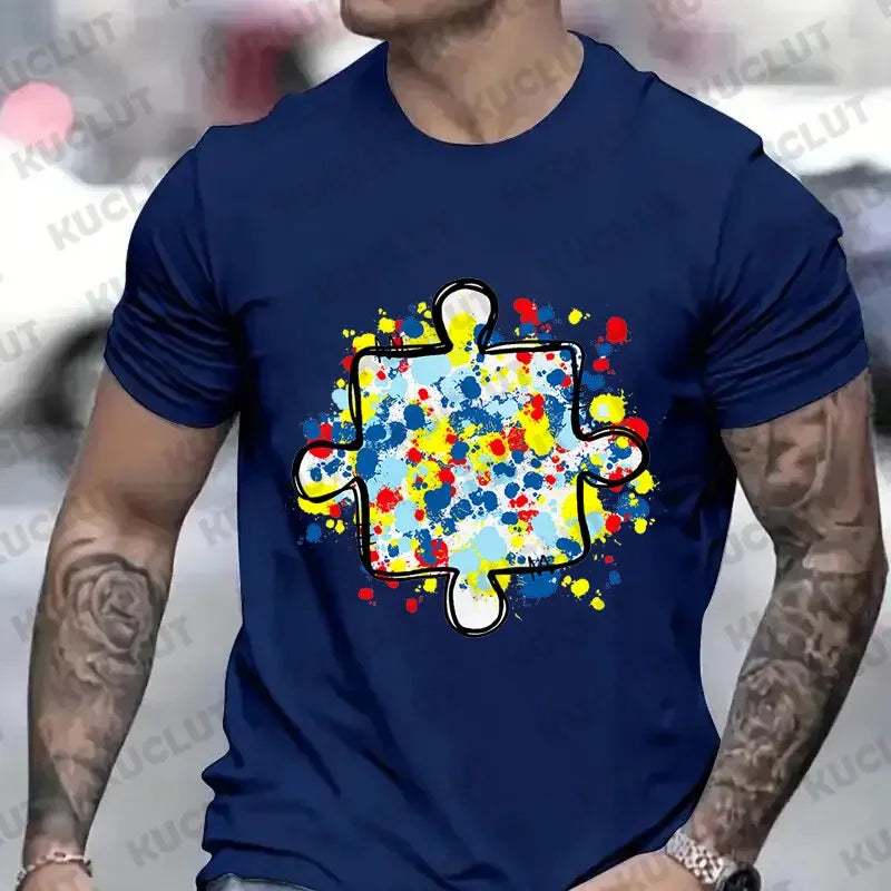 Men's T-Shirt Autism Awareness Puzzle Piece Print Male Tshirt Casual Fashion Soft Fashion Tees Clothing Harajuku Graphic Tops