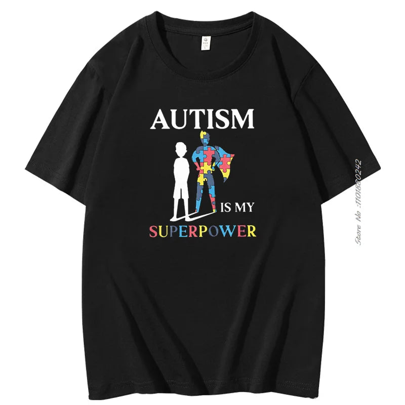 Autism Is My Super Power Puzzle Piece Cotton Funny men's short sleeve t-shirt Autism Graphic Tee Summer Men's clothing