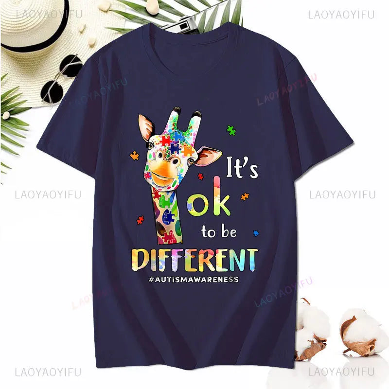 Cute Giraffe Animal Its Ok To Be Different T-Shirt Autism Awareness T Shirt Kawaii Clothes Man Women Clothing Cotton Short-sleev