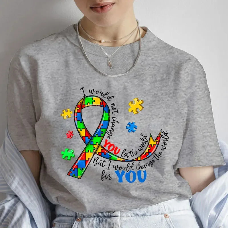 Women Clothes Autism Awareness Puzzle T-shirt Y2k Graphic Autism Mom Print Tops Fashion Short Sleeve Tees Female Clothing