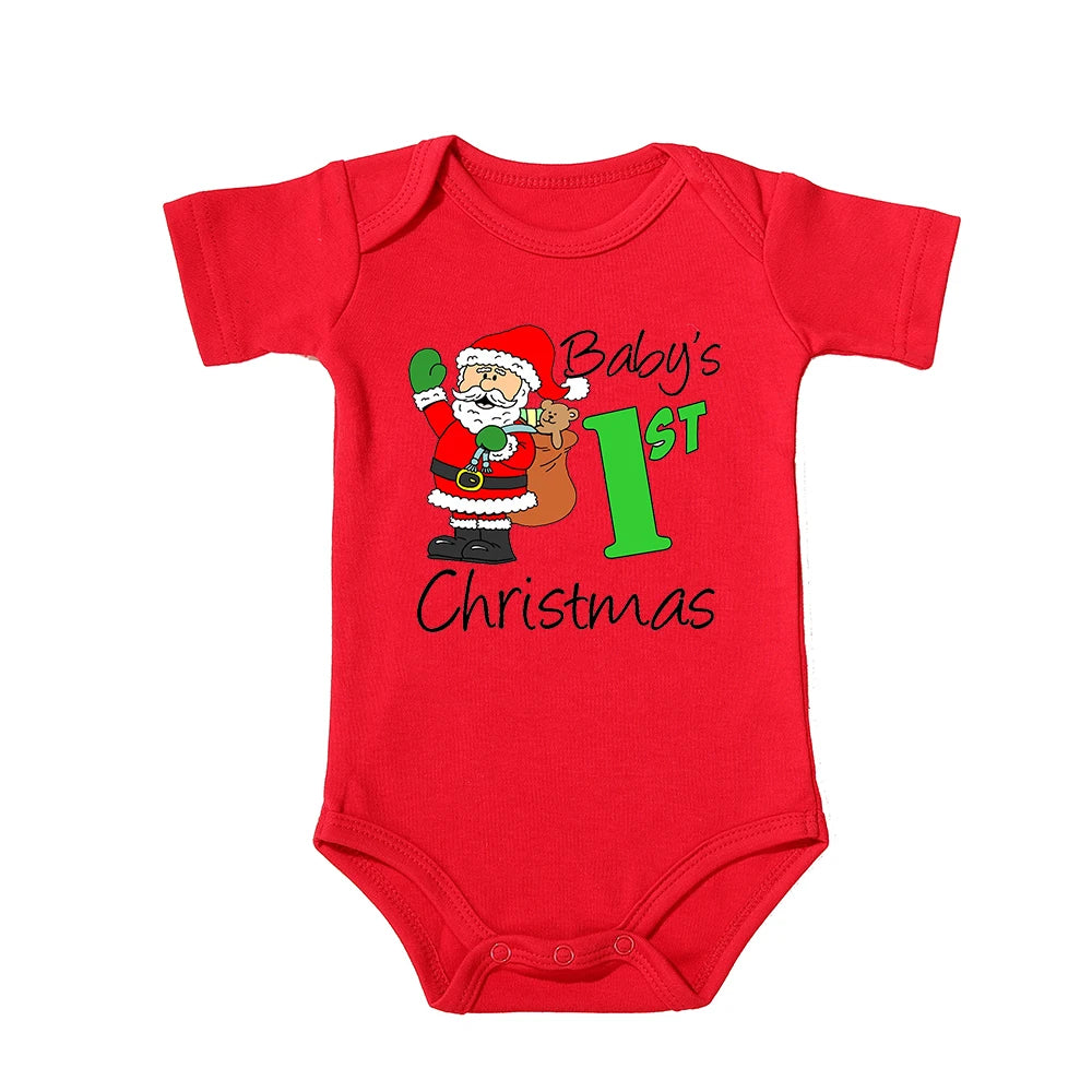 My First Christmas Kids Red Short Sleeve Jumpsuit Fashion Toddler Boy Girl Infant Outfit Clothes Cute Deer Print Xmas Best Gift