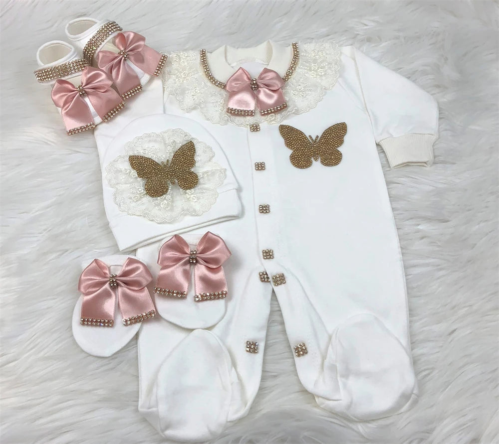 Dollbling Emerald Gold Crystal Luxury Baby Bling Romper Set My 1st Christmas Photography 4pcs Romper Hat Mittens Shoes Set