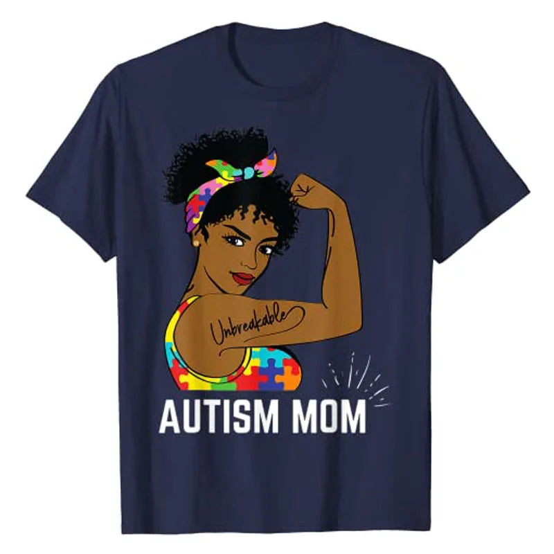 Autism Awareness Strong Mom Afro Mother Black Women Gift T-Shirt Aesthetic Clothes Graphic Tee Tops Short Sleeve Blouses