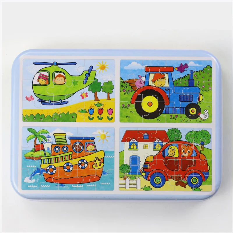 Kindergarten Children Wooden Puzzle 9/12/15/20 Pcs 4 in 1 Cartoon Animal Jigsaw with Iron Box Kids Educational Toy