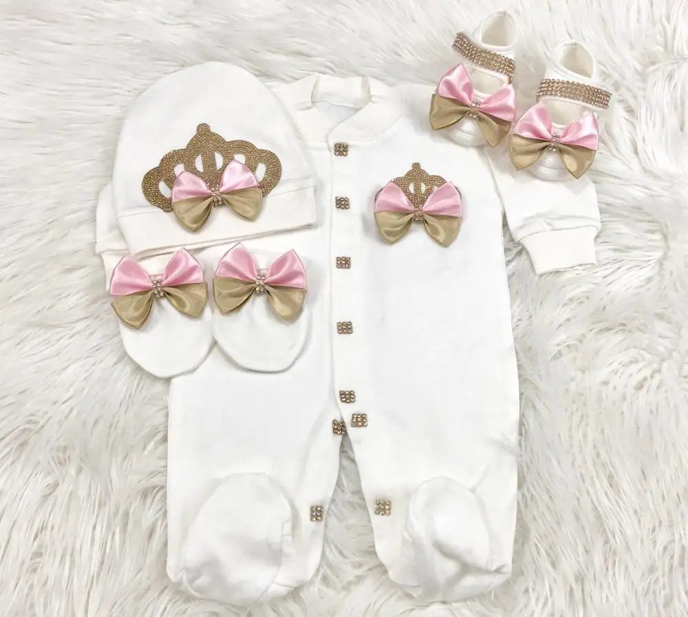 Dollbling Emerald Gold Crystal Luxury Baby Bling Romper Set My 1st Christmas Photography 4pcs Romper Hat Mittens Shoes Set