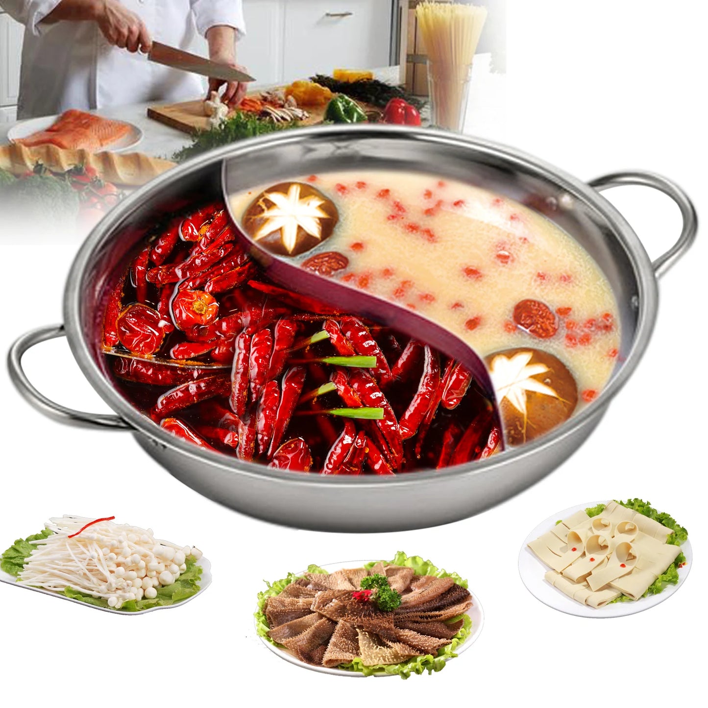 Hot Pot Dual Site Divider 12" Stainless Steel Pot with Glass Lid Household Double-Flavor Hot Pot Double Grid Pot Divider Pot