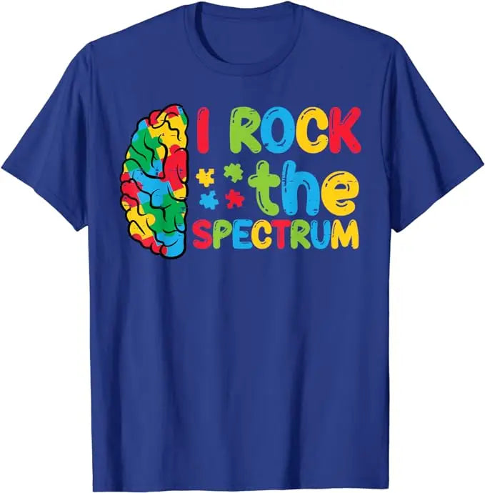 Autism Brain I Rock The Spectrum Awareness Boys Girls Kids T-Shirt Puzzle Blue Ribbon Rainbow Infinity Outfit Saying Tee Gifts