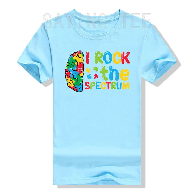 Autism Brain I Rock The Spectrum Awareness Boys Girls Kids T-Shirt Puzzle Blue Ribbon Rainbow Infinity Outfit Saying Tee Gifts