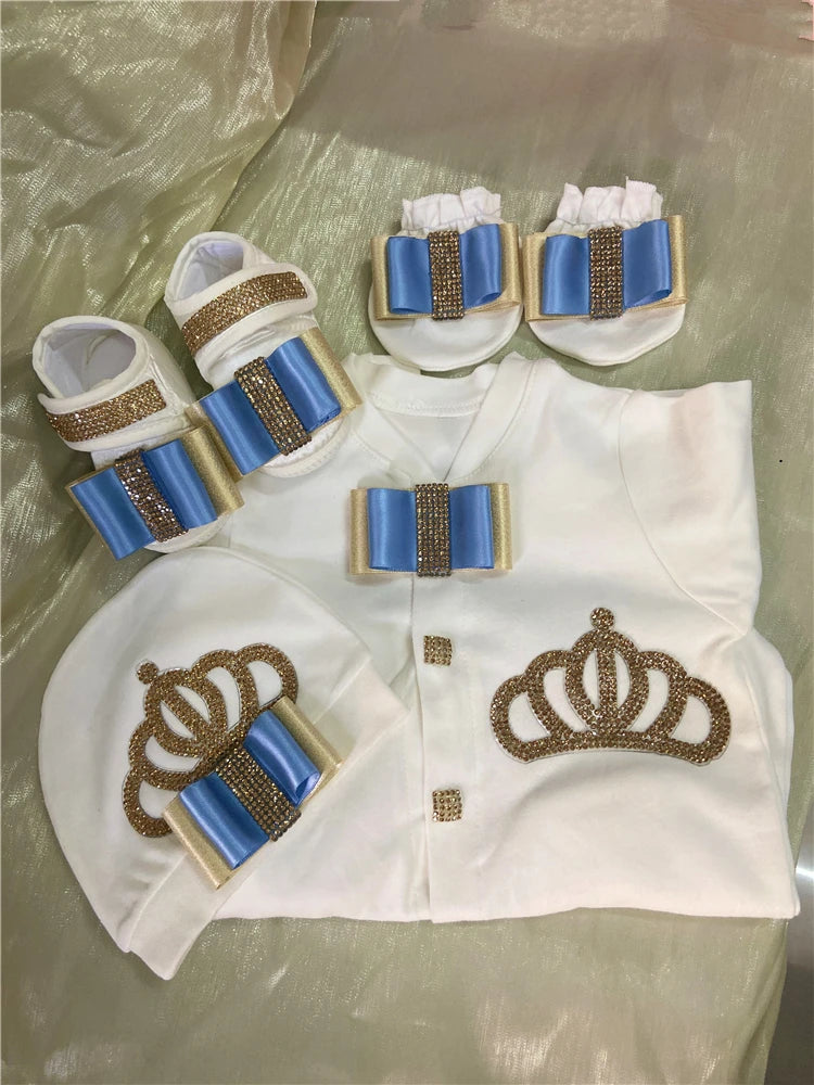 Dollbling Emerald Gold Crystal Luxury Baby Bling Romper Set My 1st Christmas Photography 4pcs Romper Hat Mittens Shoes Set