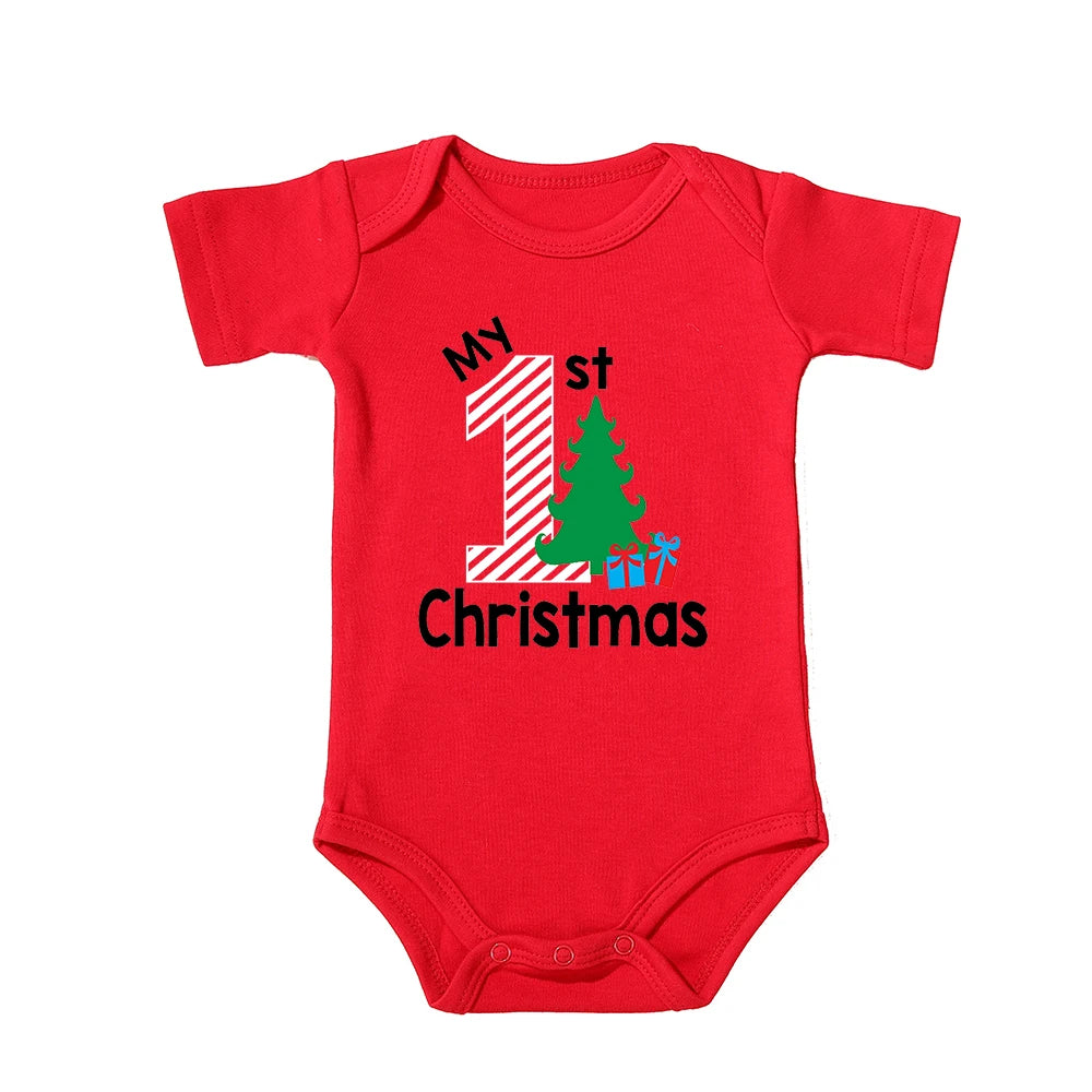 My First Christmas Kids Red Short Sleeve Jumpsuit Fashion Toddler Boy Girl Infant Outfit Clothes Cute Deer Print Xmas Best Gift