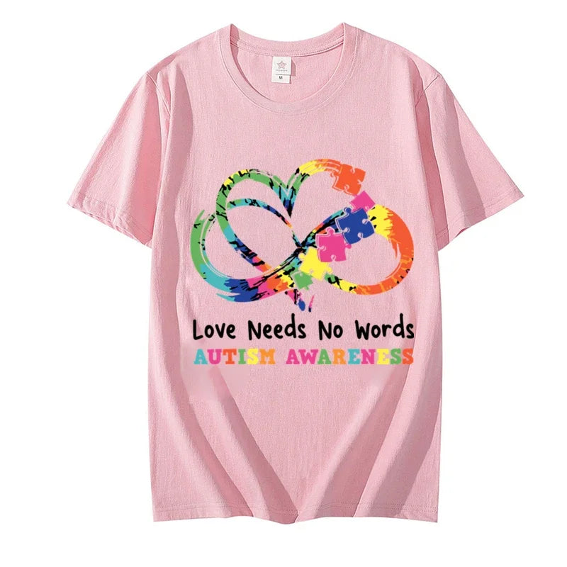 Fashion T-shirt for Women Kids Tops Love Needs No Words Print Women's Clothing Casual Autism Awareness Kawaii Tees Y2k Clothes