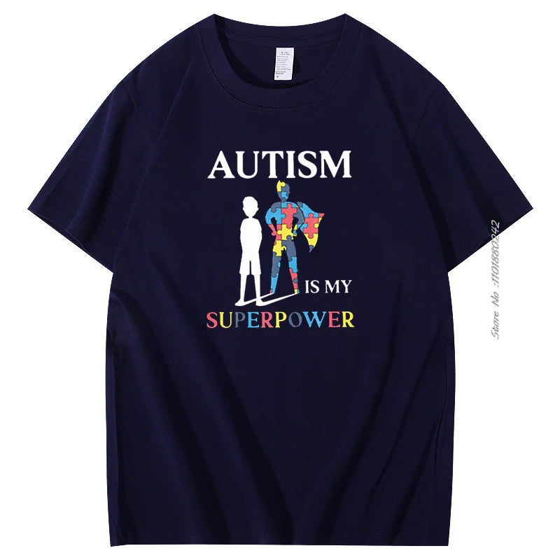 Autism Is My Super Power Puzzle Piece Cotton Funny men's short sleeve t-shirt Autism Graphic Tee Summer Men's clothing