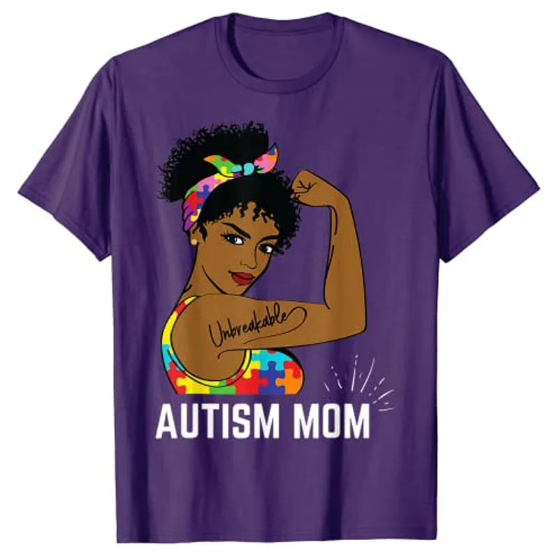 Autism Awareness Strong Mom Afro Mother Black Women Gift T-Shirt Aesthetic Clothes Graphic Tee Tops Short Sleeve Blouses