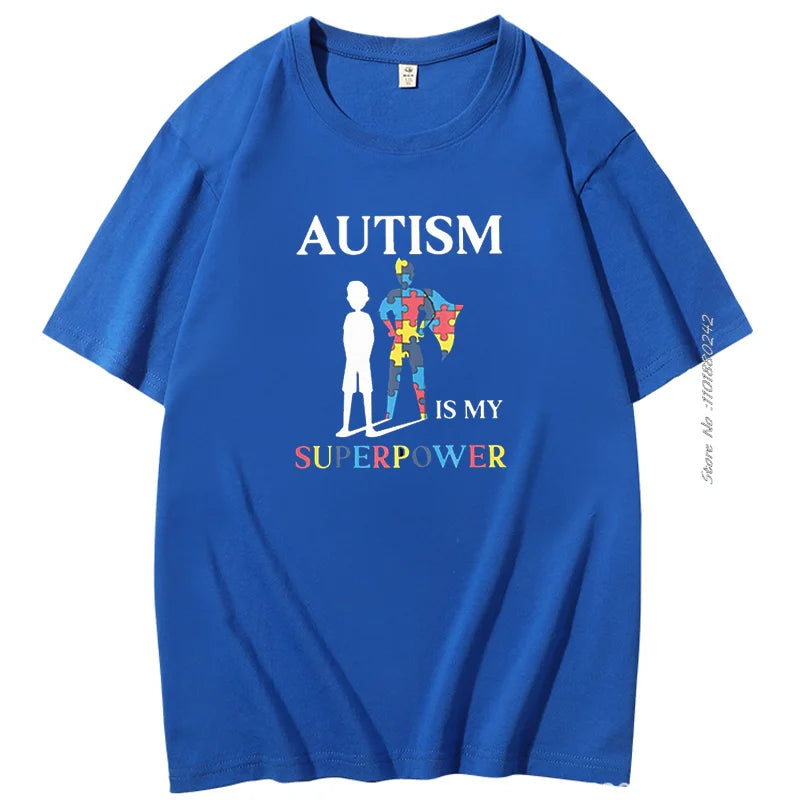 Autism Is My Super Power Puzzle Piece Cotton Funny men's short sleeve t-shirt Autism Graphic Tee Summer Men's clothing