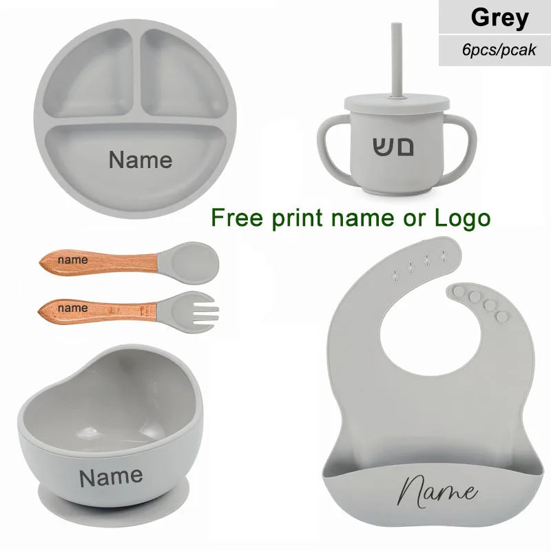 6Pcs Silicone Tableware For Kids Baby Feeding Sets Sucker Bowl Dining Plate Spoon Fork Bib Cup Personalized Name Children's Gift