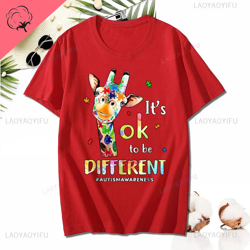 Cute Giraffe Animal Its Ok To Be Different T-Shirt Autism Awareness T Shirt Kawaii Clothes Man Women Clothing Cotton Short-sleev