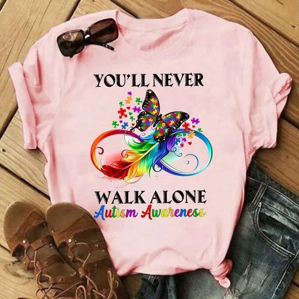 Autism Never Walk Alone Print Women T Shirt Short Sleeve O Neck Loose Women Tshirt Ladies Tee Shirt Tops Clothes Camisetas Mujer