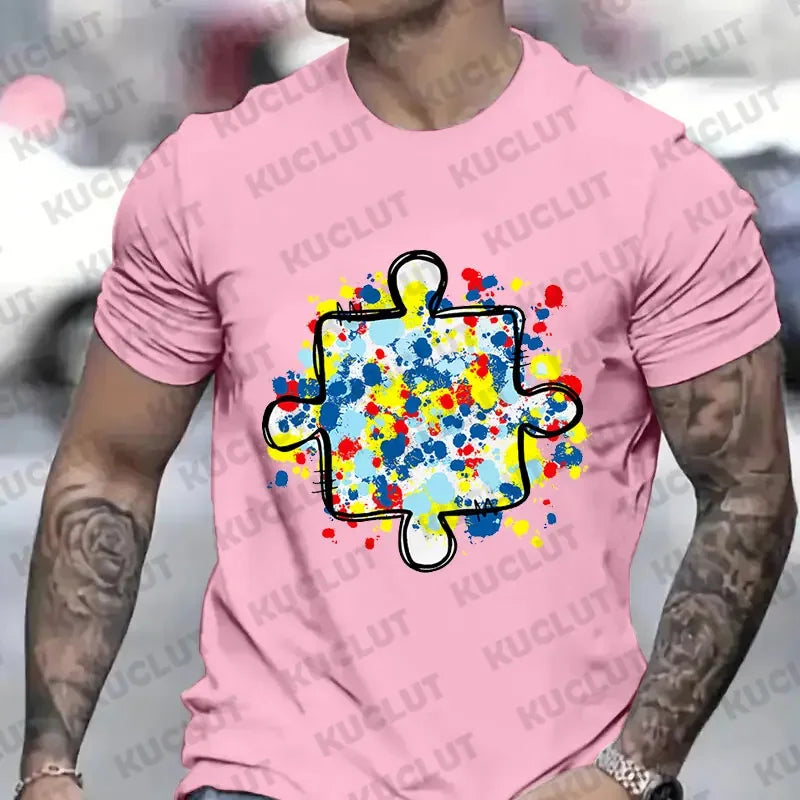 Men's T-Shirt Autism Awareness Puzzle Piece Print Male Tshirt Casual Fashion Soft Fashion Tees Clothing Harajuku Graphic Tops