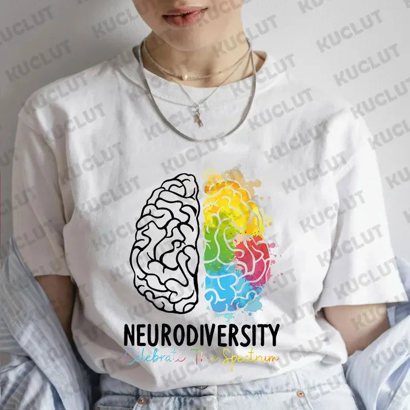 Women Clothing Embrace Neurodiversity Celebrate The Spectrum Brain Autism T-Shirt Short Sleeve Tees Fashion Y2k Graphic Tops