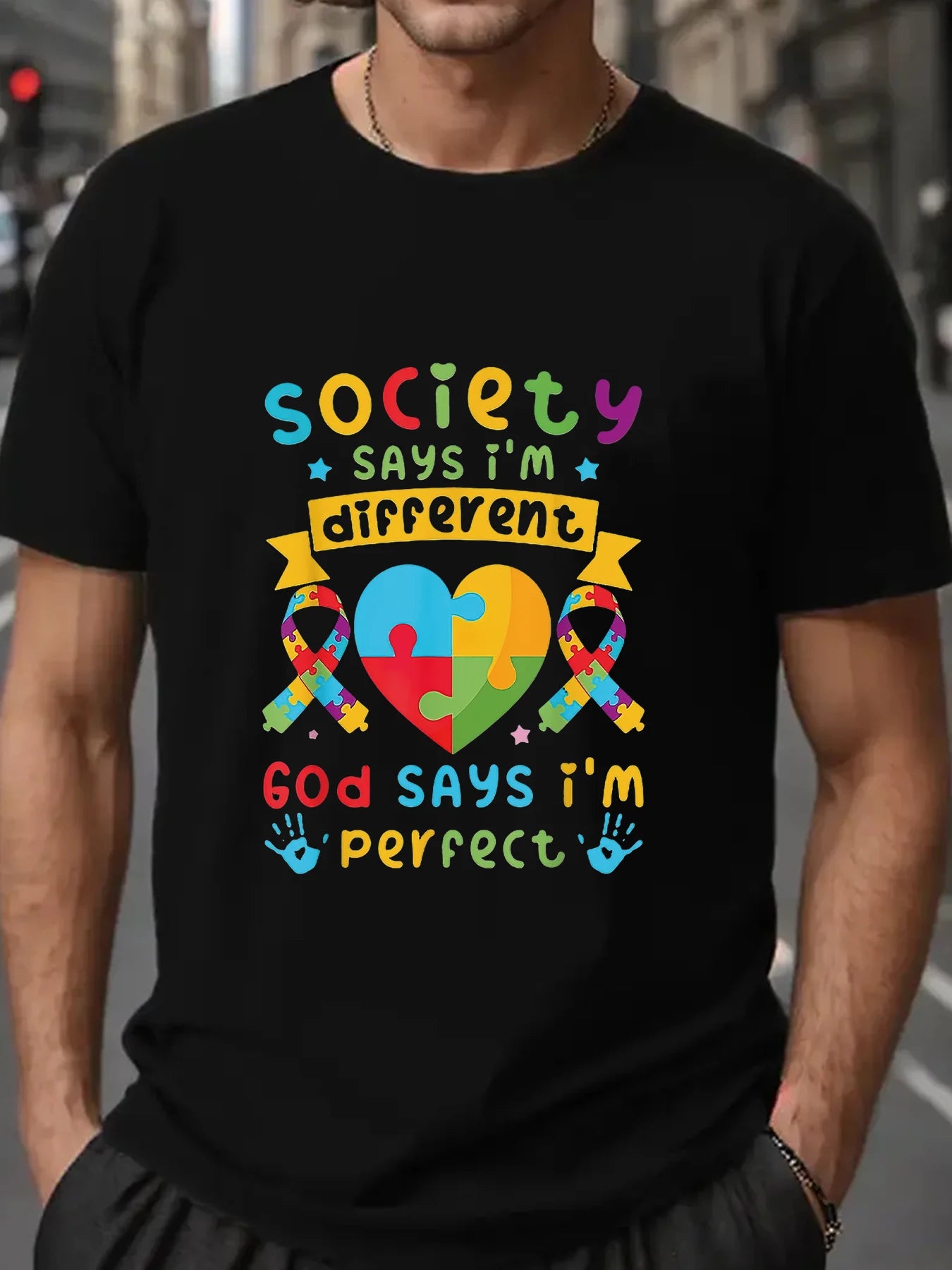 Society says I’m different God says I’m perfect Autism shirt Men's T-shirt   Cotton Print Tee Tops Fashion Clothing