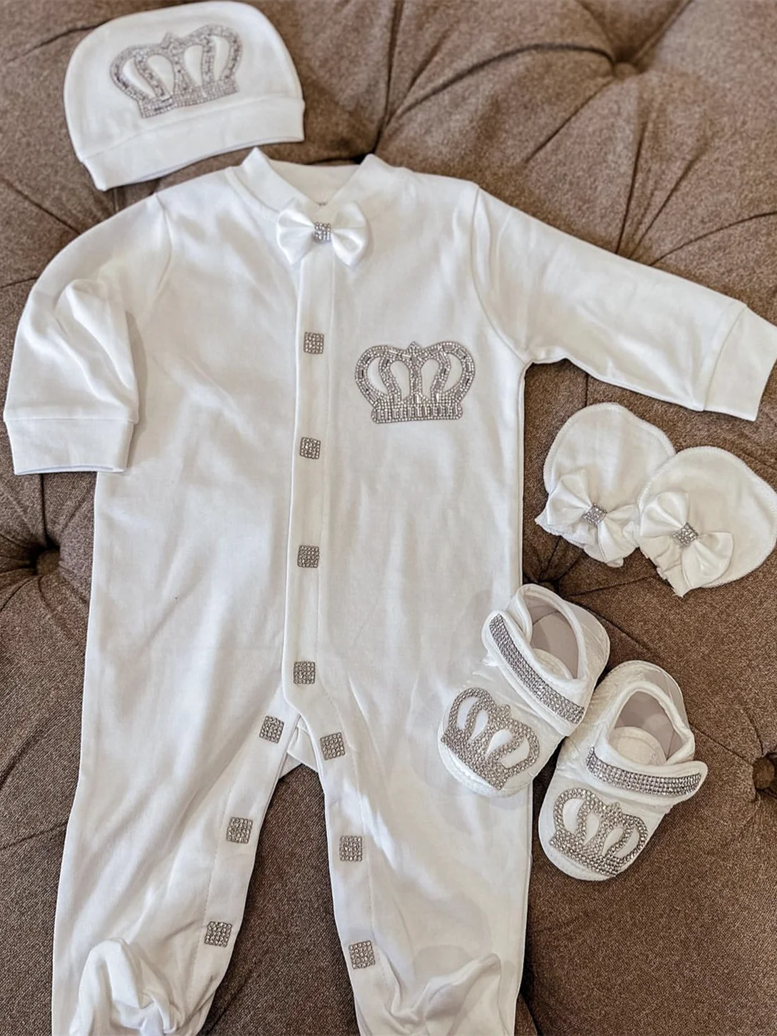 Dollbling Emerald Gold Crystal Luxury Baby Bling Romper Set My 1st Christmas Photography 4pcs Romper Hat Mittens Shoes Set