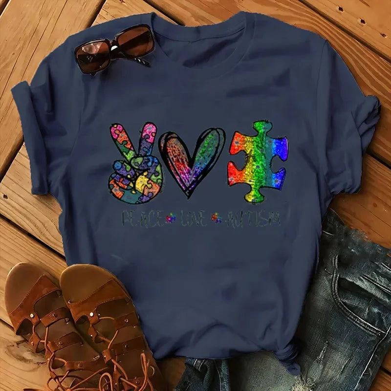 Peace Love Autism Colorful Print Women T Shirt Short Sleeve O Neck Loose Women Tshirt Ladies Tee Shirt Tops Camisetas Mujer