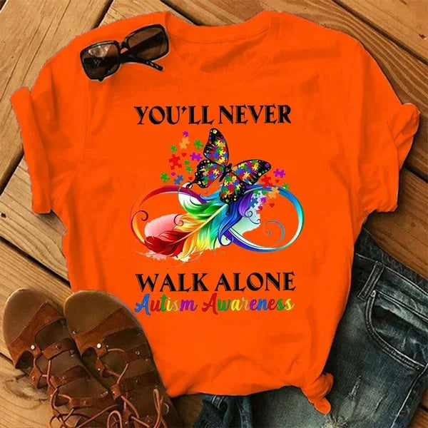 Autism Never Walk Alone Print Women T Shirt Short Sleeve O Neck Loose Women Tshirt Ladies Tee Shirt Tops Clothes Camisetas Mujer