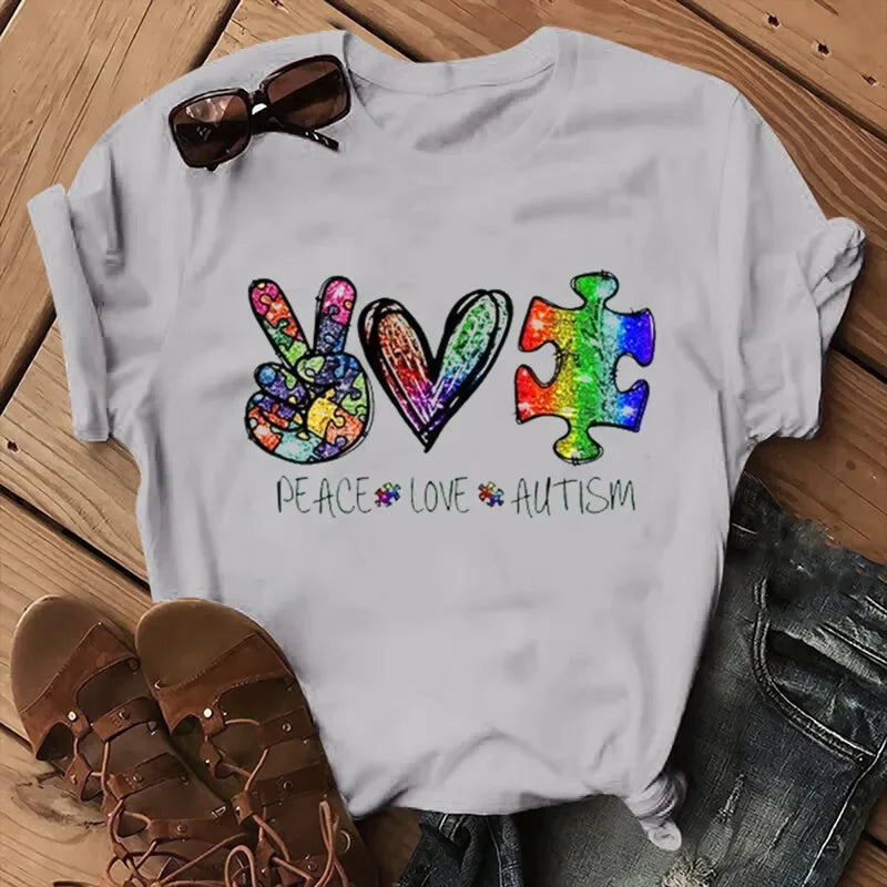 Peace Love Autism Colorful Print Women T Shirt Short Sleeve O Neck Loose Women Tshirt Ladies Tee Shirt Tops Camisetas Mujer