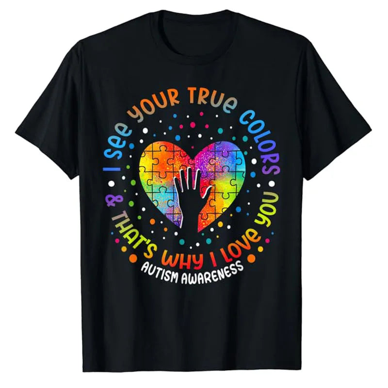 I See Your True Colors Puzzle World Autism Awareness Month T-Shirt Autism Child Mom Outfits Cute Be Kind Saying Tee Tops Gifts