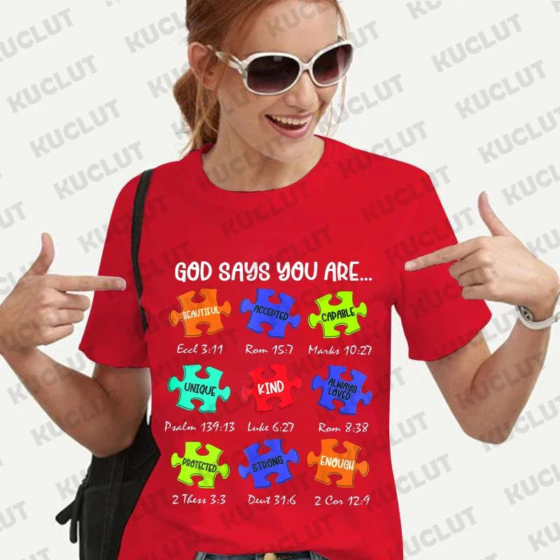 God Says I Am Autism Shirts for Women Clothing Be Kind Retro T-shirts Harajuku Graphic Clothing Jesus Autism Women's Tops