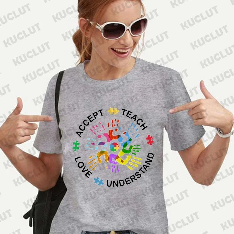 Autism Awareness Shirt for Women Teach Accept Understand Love T-shirts Neurodivergent Tshirts Autism Support Tee Shirt Y2k Tops