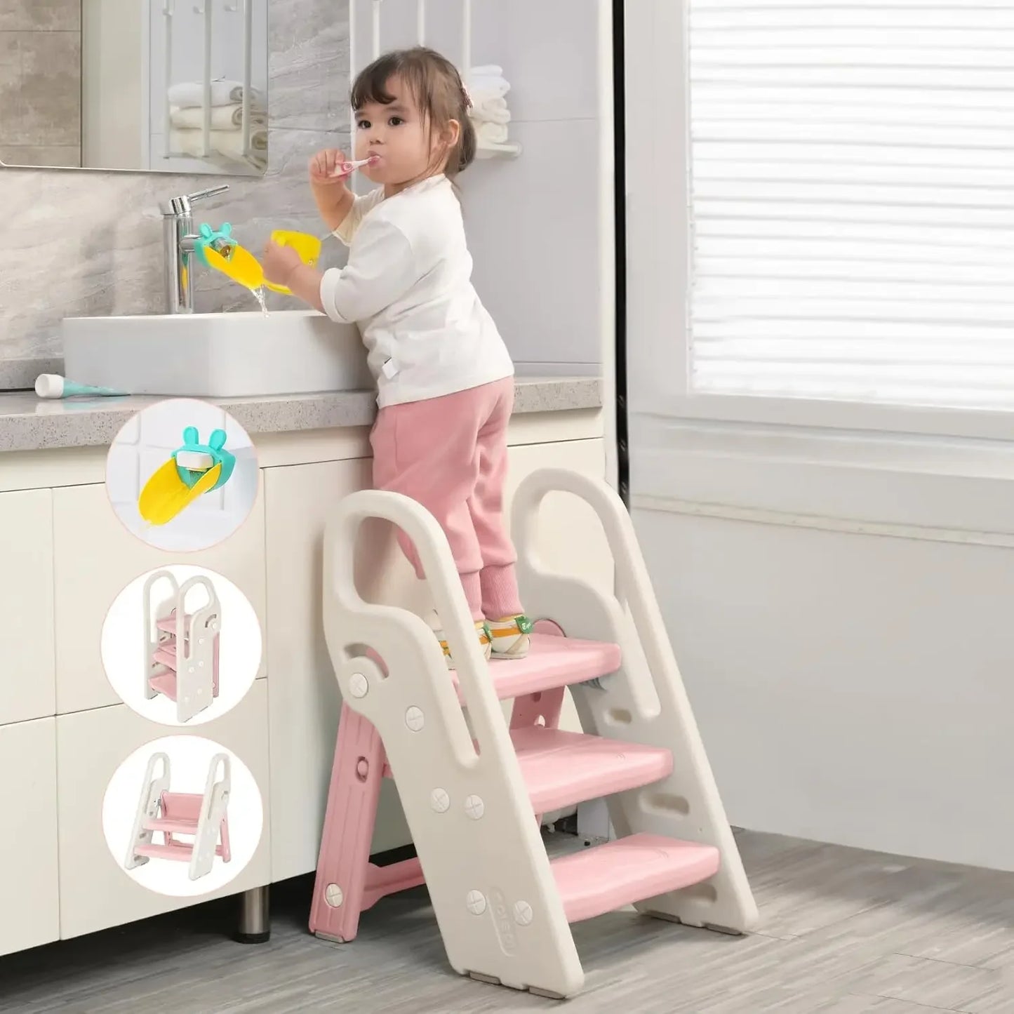 Onasti Foldable Step Stool for Bathroom Sink, Adjustable 3 Step Stool for Kids Toilet Potty Training Stool with Handles