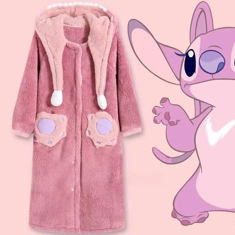 Disney Stitch & Angel Coral Fleece Sleepwear Pajamas for Women Winter Thick Plush Bathrobe for Couples Hooded Long Nightgown