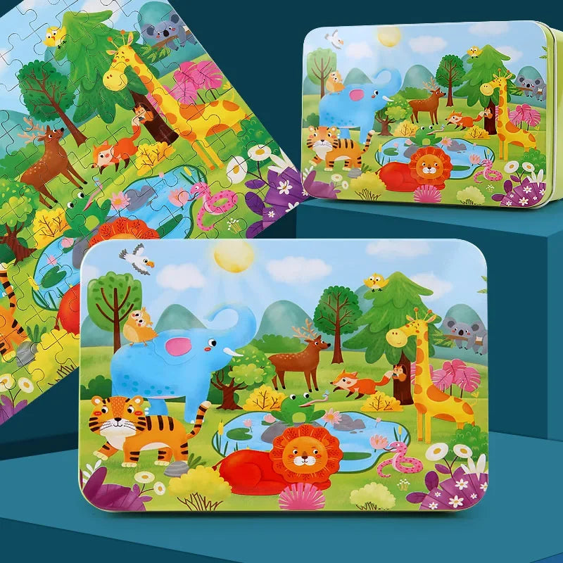 100 PCS Kids Wooden Puzzle Cartoon Animal Vehicle Wood Parent Child Game Toy Jigsaw Baby Early Educational Christmas Gift Toys