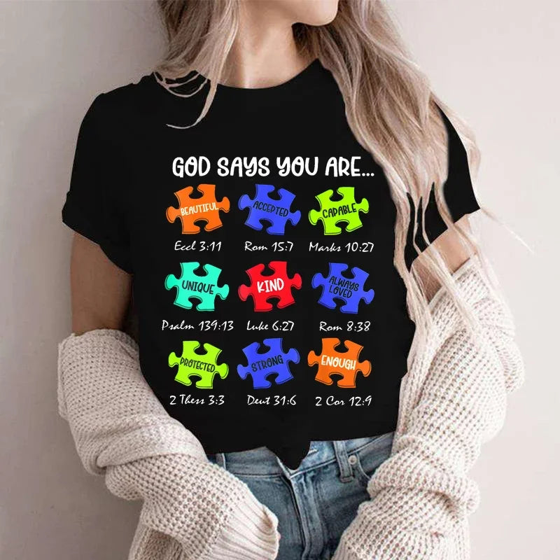 God Says I Am Autism Shirts for Women Clothing Be Kind Retro T-shirts Harajuku Graphic Clothing Jesus Autism Women's Tops