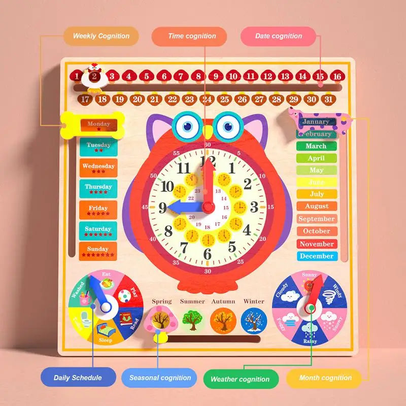 Children Owl-shaped Wooden Calendar Clock Montessori Educational Toys Early Learning Beginner Time Weather Week Toys