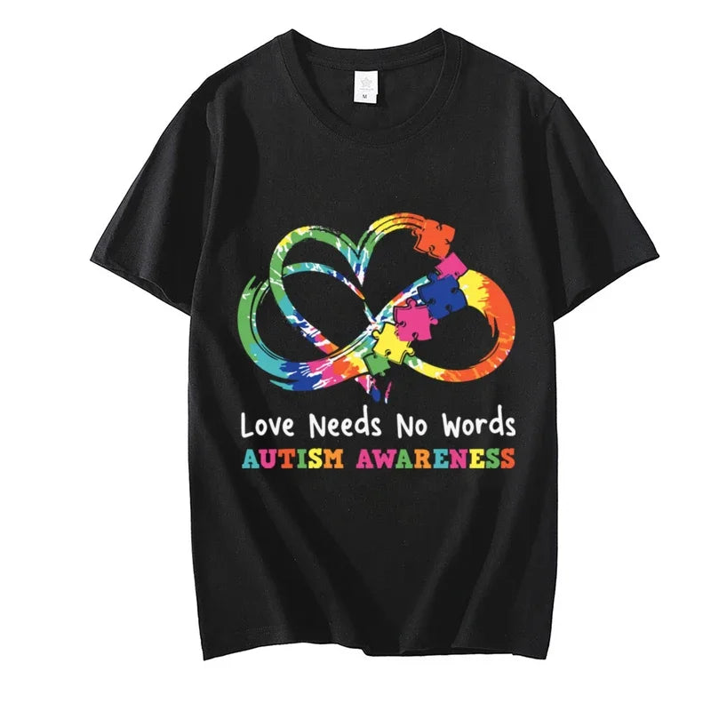 Fashion T-shirt for Women Kids Tops Love Needs No Words Print Women's Clothing Casual Autism Awareness Kawaii Tees Y2k Clothes