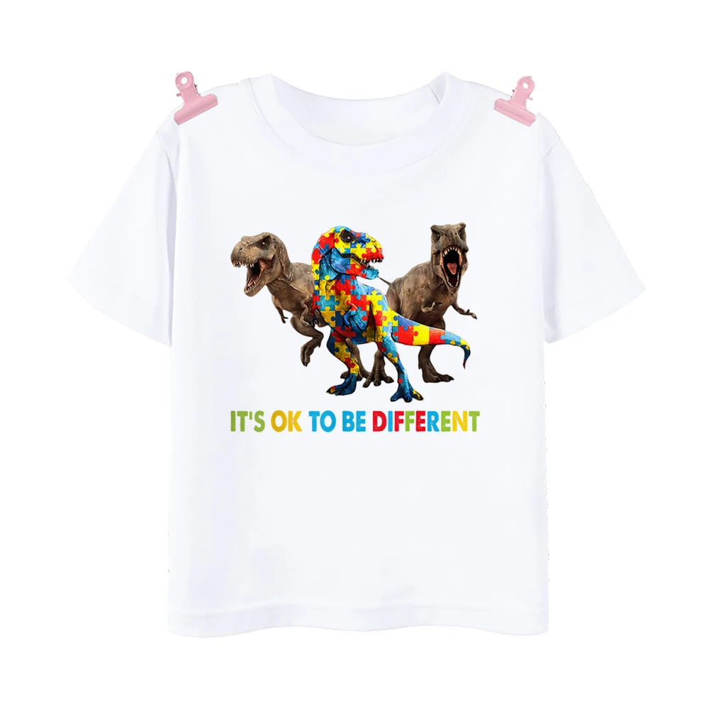 It's Ok To Be Different Print T-shirt Autism Awareness Shirt Dinosure T Shirt Autism Top Puzzle Piece Autism Gifts for Youth Kid