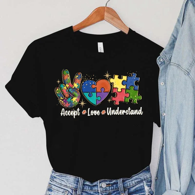 Accept Love and Understand Print T-shirts Autism Awareness T Shirts Color Puzzle Block Women's Tees Harajuku Korean Tops 2023