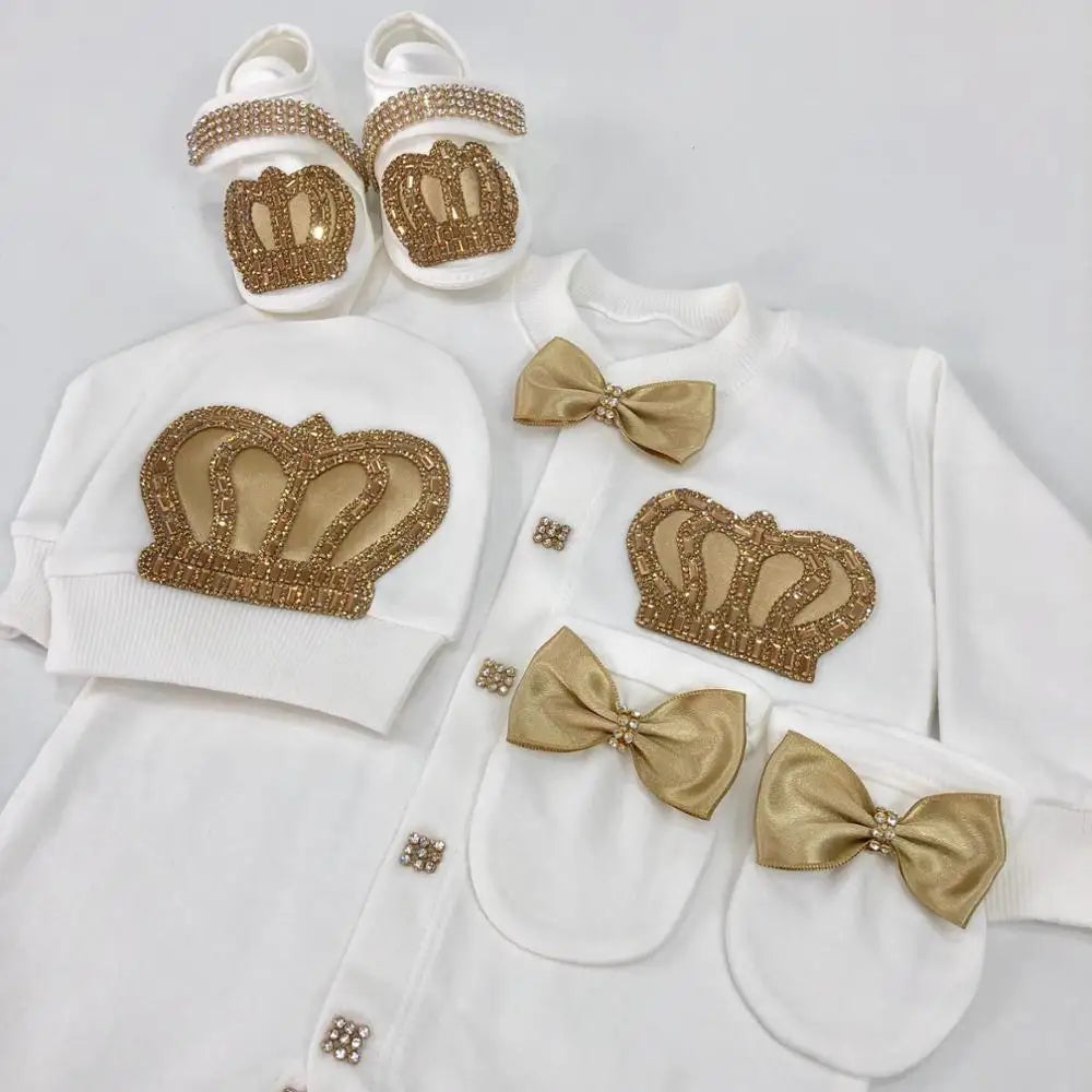 Dollbling Emerald Gold Crystal Luxury Baby Bling Romper Set My 1st Christmas Photography 4pcs Romper Hat Mittens Shoes Set