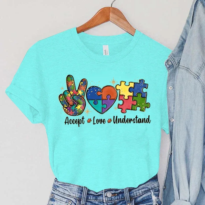 Accept Love and Understand Print T-shirts Autism Awareness T Shirts Color Puzzle Block Women's Tees Harajuku Korean Tops 2023