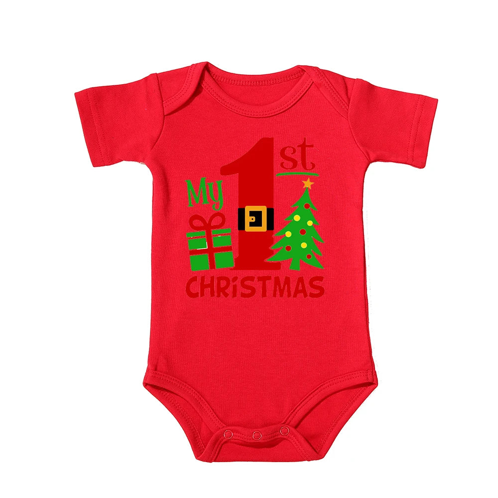 My First Christmas Kids Red Short Sleeve Jumpsuit Fashion Toddler Boy Girl Infant Outfit Clothes Cute Deer Print Xmas Best Gift