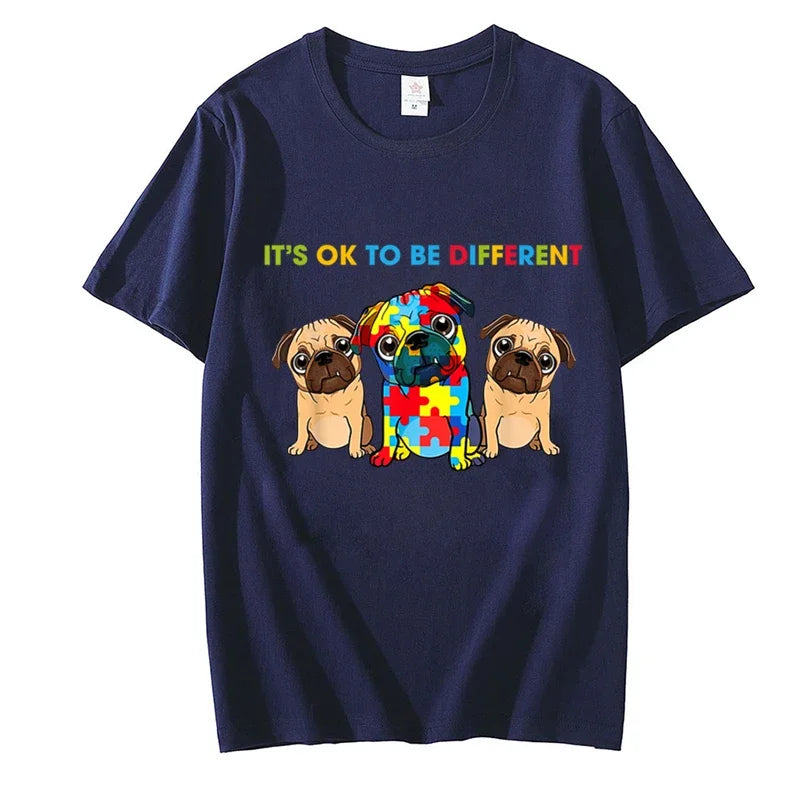 Cute Pug Dogs It's Ok To Be Different Autism Awareness Women T Shirt Summer Tee Shirt Streetwear Hip Hop for Kids Female Tops