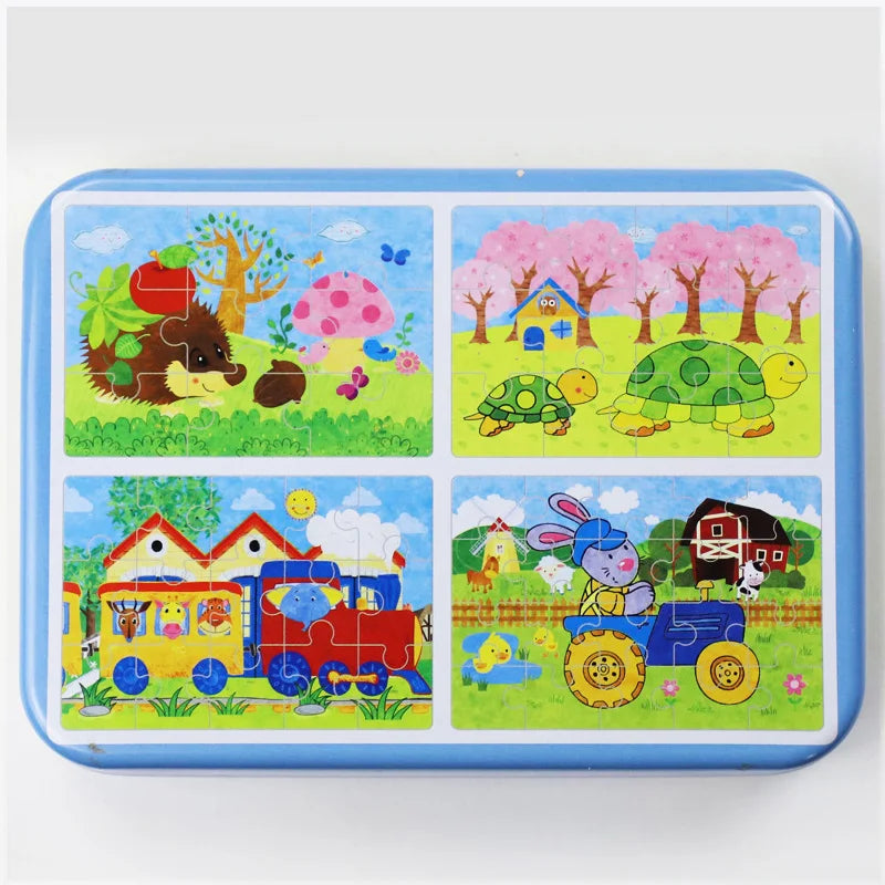 Kindergarten Children Wooden Puzzle 9/12/15/20 Pcs 4 in 1 Cartoon Animal Jigsaw with Iron Box Kids Educational Toy