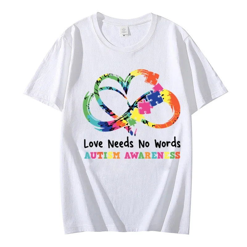 Fashion T-shirt for Women Kids Tops Love Needs No Words Print Women's Clothing Casual Autism Awareness Kawaii Tees Y2k Clothes