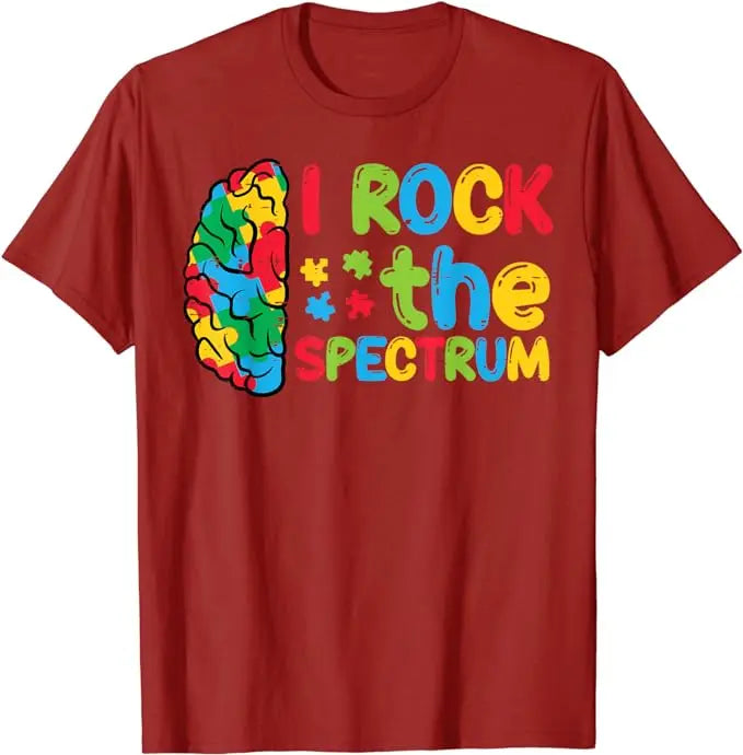 Autism Brain I Rock The Spectrum Awareness Boys Girls Kids T-Shirt Puzzle Blue Ribbon Rainbow Infinity Outfit Saying Tee Gifts