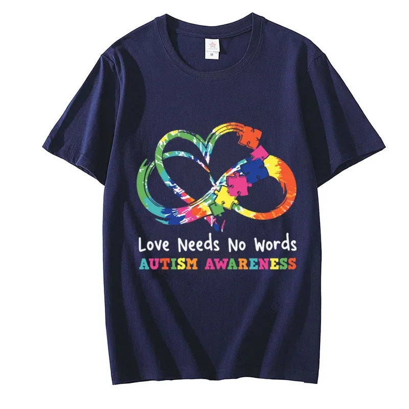 Fashion T-shirt for Women Kids Tops Love Needs No Words Print Women's Clothing Casual Autism Awareness Kawaii Tees Y2k Clothes