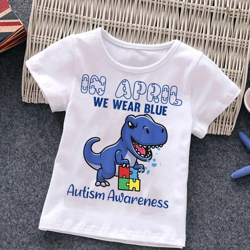 Autism Kids Boy T-Shirt Girls Cartoon Puzzle Tops Cute Baby Cotton Summer Clothes Toddler Dinosaur T Shirts Children